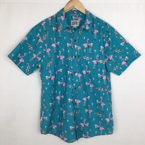 Party Pants Novelty Flamingo Pitcher Of Beer Button Up Shirt Aqua Blue Pink Sz M